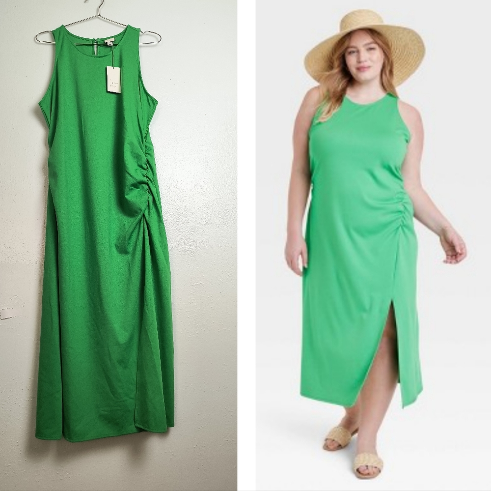 Casual Sleeveless Ruched Ponte Maxi Length Dress Plus Size 1X Green